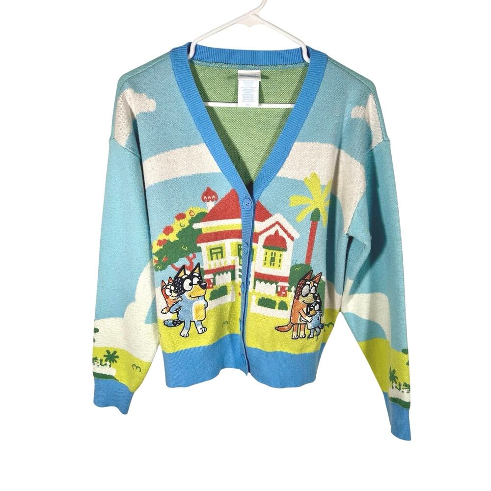 BLUEY HEELER HOUSE SCENIC CARDIGAN WOMENS BOXLUNCH SWEATER SZ MEDIUM Kidcore